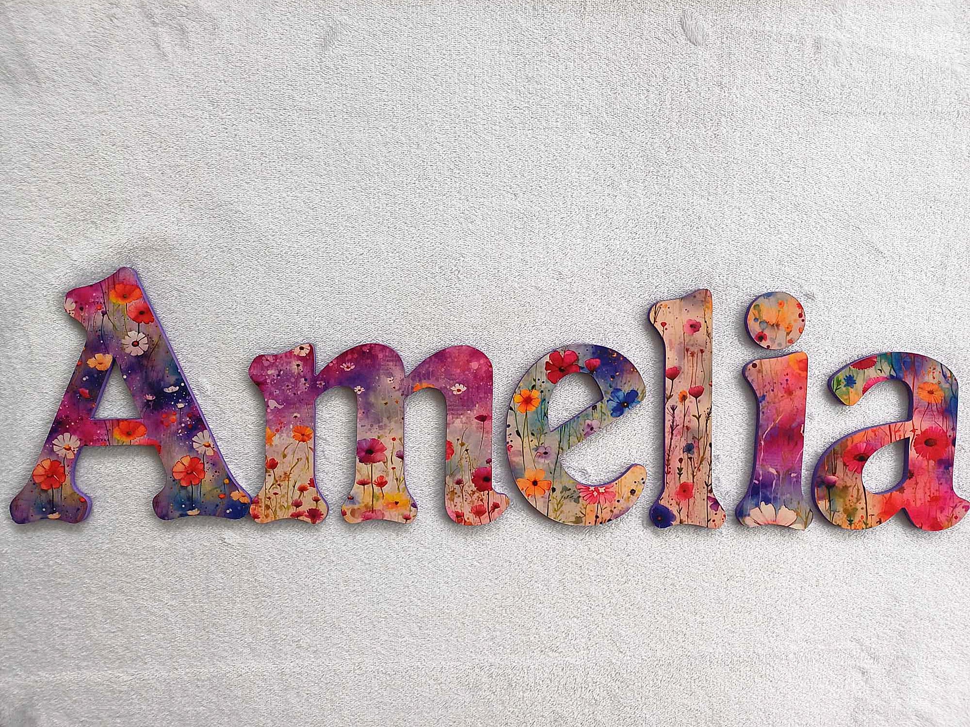 Personalised Names - 10cm high for the uppercase letter - Amelia design and colour.