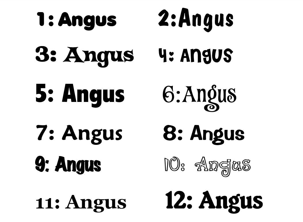 Personalised Names - 10cm high for the uppercase letter - Angus design and colour.