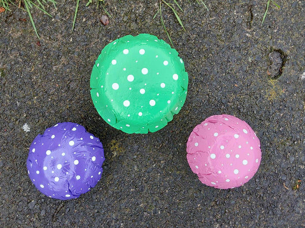 Set of 3 mixed coloured concrete mushrooms.
