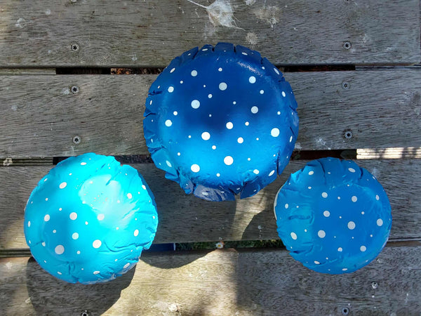 Set of 3 mixed blues concrete mushrooms.