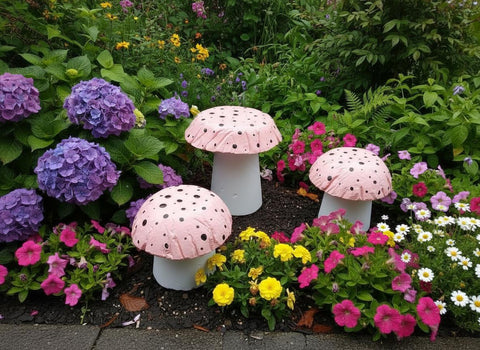 Set of 3 apricot coloured concrete mushrooms.